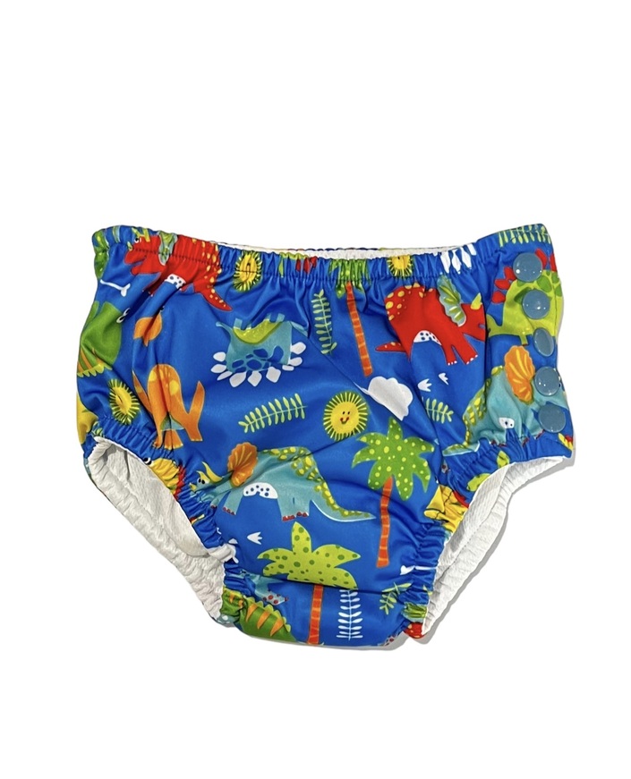 TORTUE swim diaper in roux blue with all over dinosaur print.
