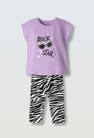 EVITA capri leggings set in lilac color, with print on the front.