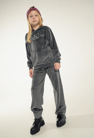 EBITA velor tracksuit set in gray with "WAKE UP" logo embossed.