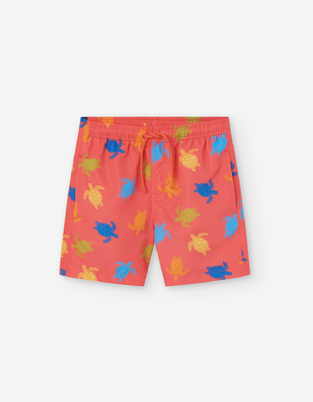 LOSAN bermuda swimsuit with turtle print in coral color.