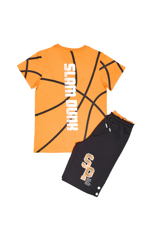SPRINT shorts set in orange color with all over basketball print.