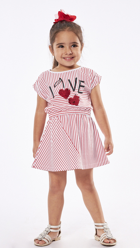 EBITA dress in red color with striped design and sequins.