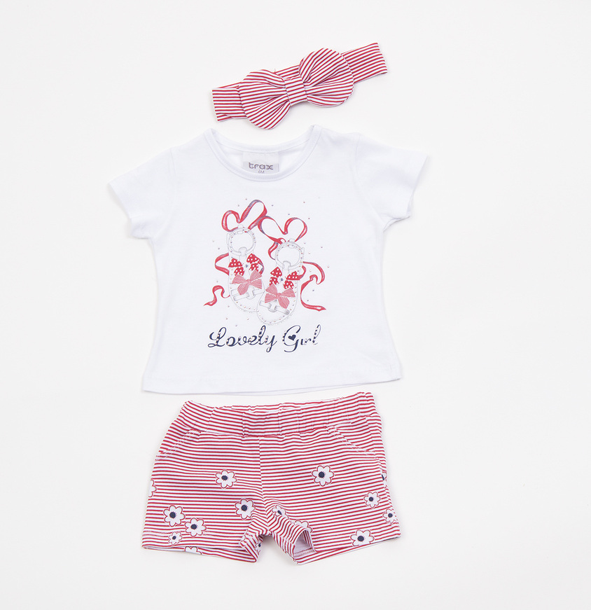 TRAX shorts set, white blouse with strass, shorts with striped pattern and ribbon.