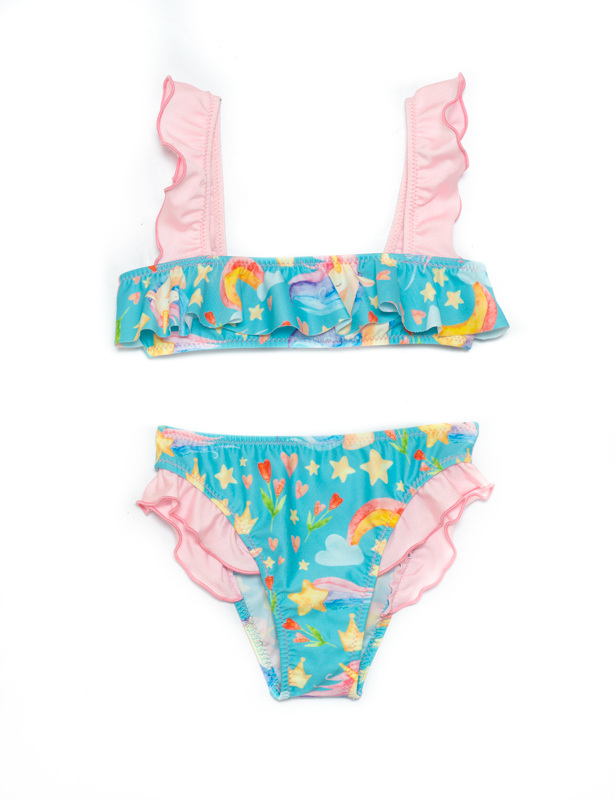 TORTUE bikini swimsuit in siel color with unicorn print.