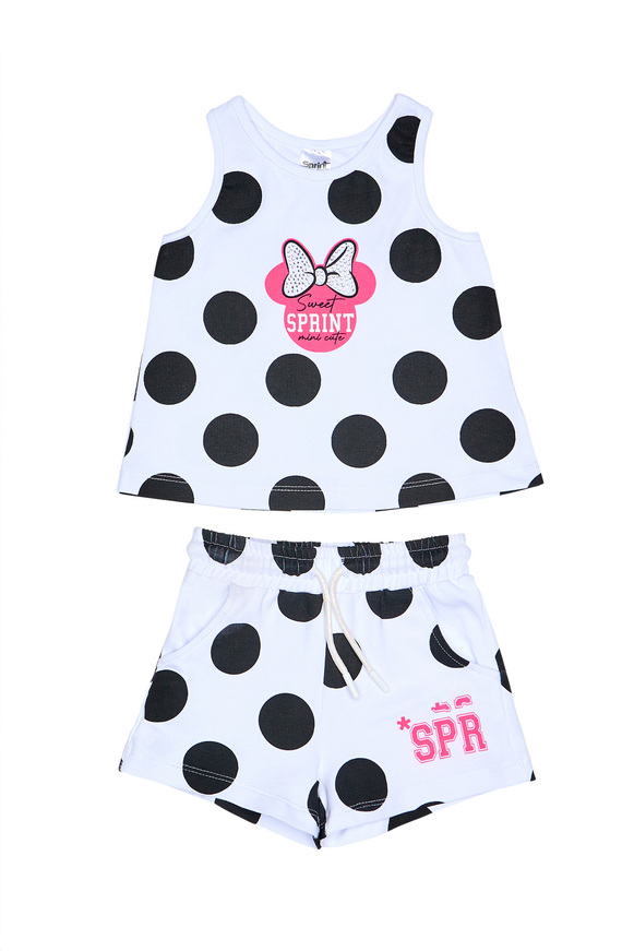 SPRINT shorts set in white with all over polka dot pattern.