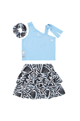 Σετ φούστα-σορτς SPRINT σε χρώμα σιέλ με εμπριμέ λεπτομέρειες και ασορτί λάστιχο για τα μαλλιά.