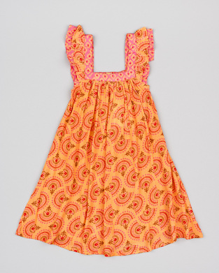 LOSAN dress in orange color with all over printed design.